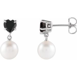 14K White Gold Cultured White Akoya Pearl & Natural Onyx Earrings