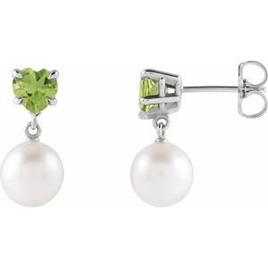Platinum Cultured White Akoya Pearl & Natural Peridot Earrings