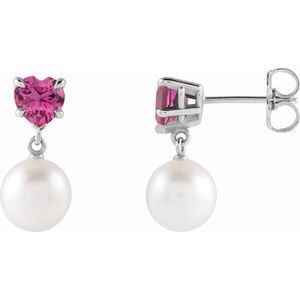 14K White Gold Cultured White Akoya Pearl & Natural Pink Tourmaline Earrings