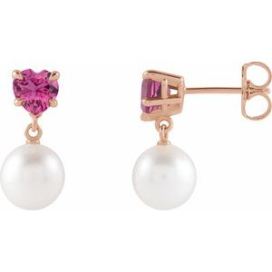 14K Rose Gold Cultured White Akoya Pearl & Natural Pink Tourmaline Earrings