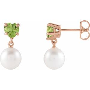 14K Rose Gold Cultured White Akoya Pearl & Natural Peridot Earrings