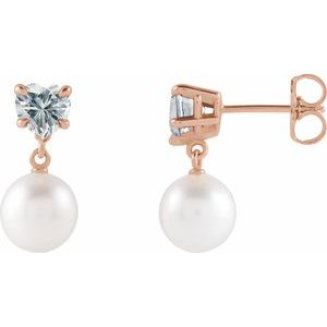 14K Rose Gold Cultured White Akoya Pearl & Lab-Grown Moissanite Earrings