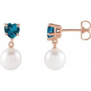 14K Rose Gold Cultured White Akoya Pearl & Natural London Blue Topaz Earrings
