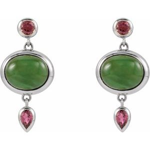 14K White Gold Natural Nephrite Jade Cabochon & Natural Pink Tourmaline Bezel-Set Earrings – image 2