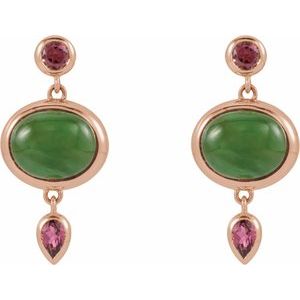 14K Rose Gold Natural Nephrite Jade Cabochon & Natural Pink Tourmaline Bezel-Set Earrings – image 2