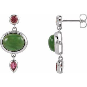 14K White Gold Natural Nephrite Jade Cabochon & Natural Pink Tourmaline Bezel-Set Earrings
