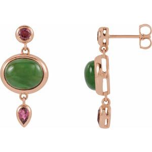 14K Rose Gold Natural Nephrite Jade Cabochon & Natural Pink Tourmaline Bezel-Set Earrings