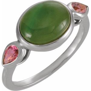 14K White Gold Natural Nephrite Jade & Natural Tourmaline Bezel-Set Ring
