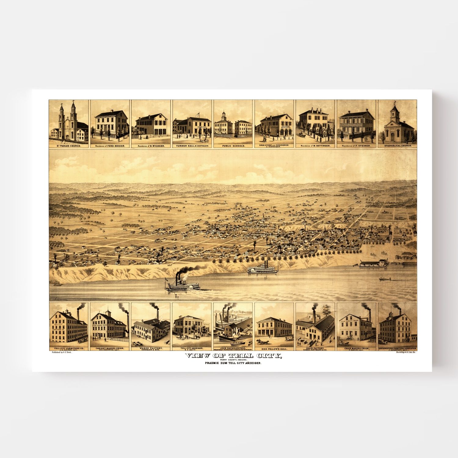 Vintage Map of Tell City, Indiana 1870