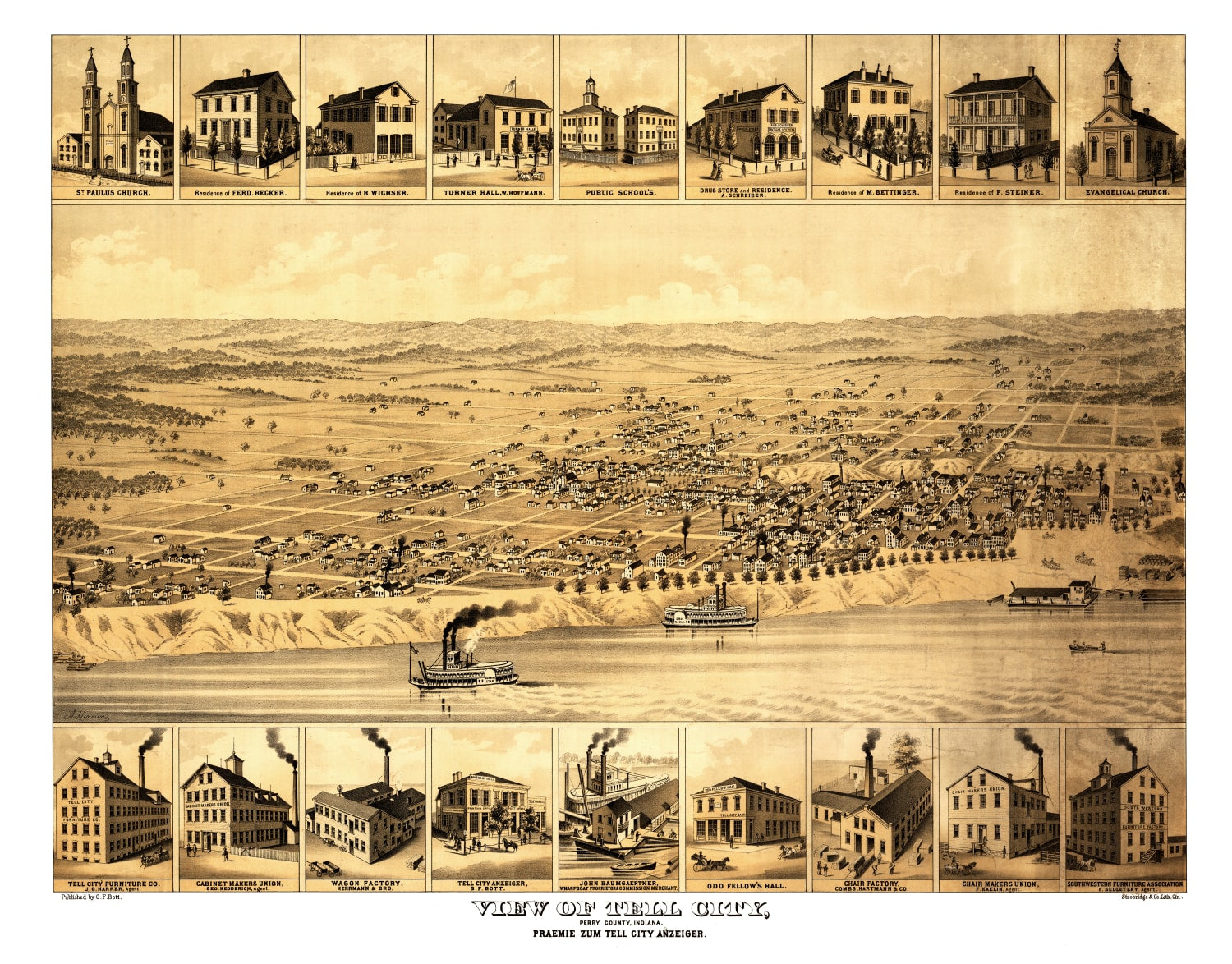 Vintage Map of Tell City, Indiana 1870