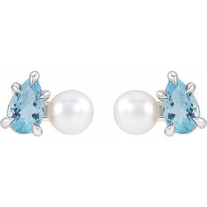 Platinum Cultured White Akoya Pearl & Natural Aquamarine Earrings – image 2
