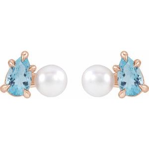 14K Rose Gold Cultured White Akoya Pearl & Natural Aquamarine Earrings – image 2