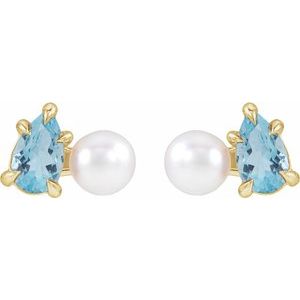 14K Yellow Gold Cultured White Akoya Pearl & Natural Aquamarine Earrings – image 2