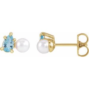 14K Yellow Gold Cultured White Akoya Pearl & Natural Aquamarine Earrings