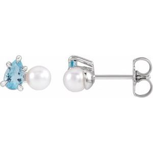 Platinum Cultured White Akoya Pearl & Natural Aquamarine Earrings