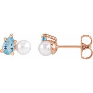 14K Rose Gold Cultured White Akoya Pearl & Natural Aquamarine Earrings