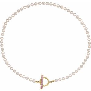 14K Yellow Gold Cultured White Freshwater Pearl & Lab-Grown Pink Sapphire 18" Necklace