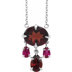 14K White Gold Natural Mozambique Garnet & Lab-Grown Ruby Dangle 18" Necklace