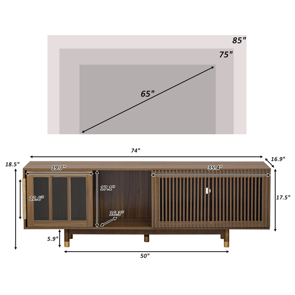 Mid-Century Modern style 2 IN 1 Cat Furniture Walnut TV STAND with Cat Scratcher, Cat house With Sliding Flip-down glass door