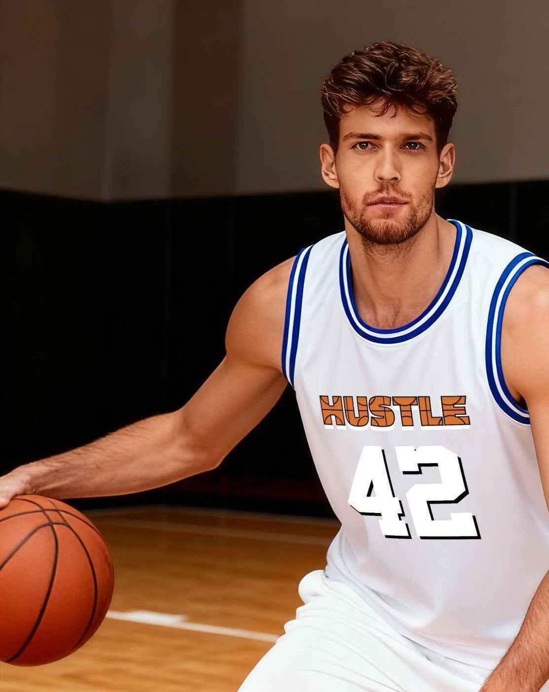 Hustle 42 Adult White with Blue Trim Basketball Jersey | Ships From USA
