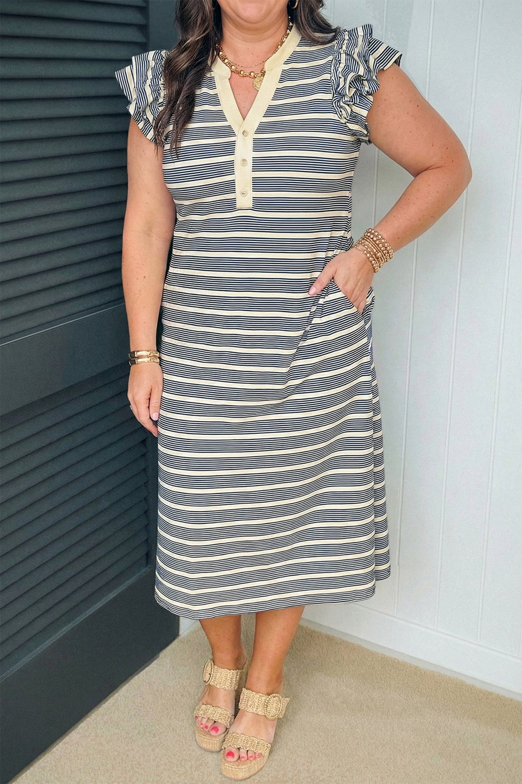 Plus Size Stripe Ruffle Sleeve Button V-Neck Dress