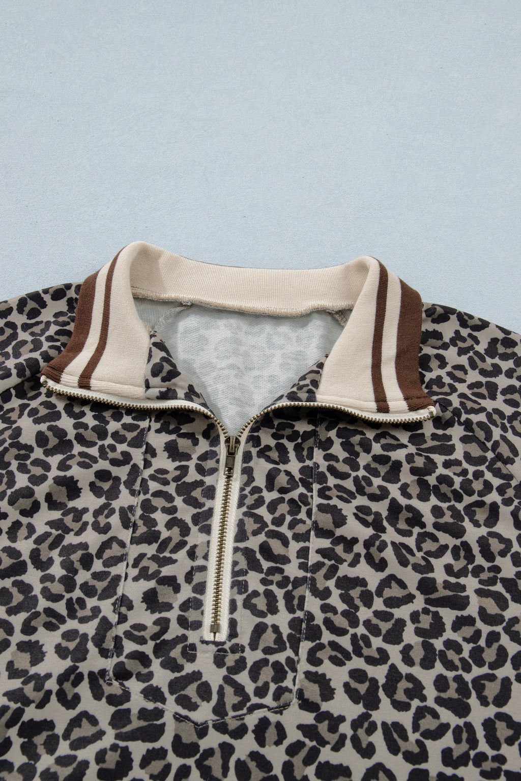 Leopard Half Zip Stripe Trim Short Sleeve Top
