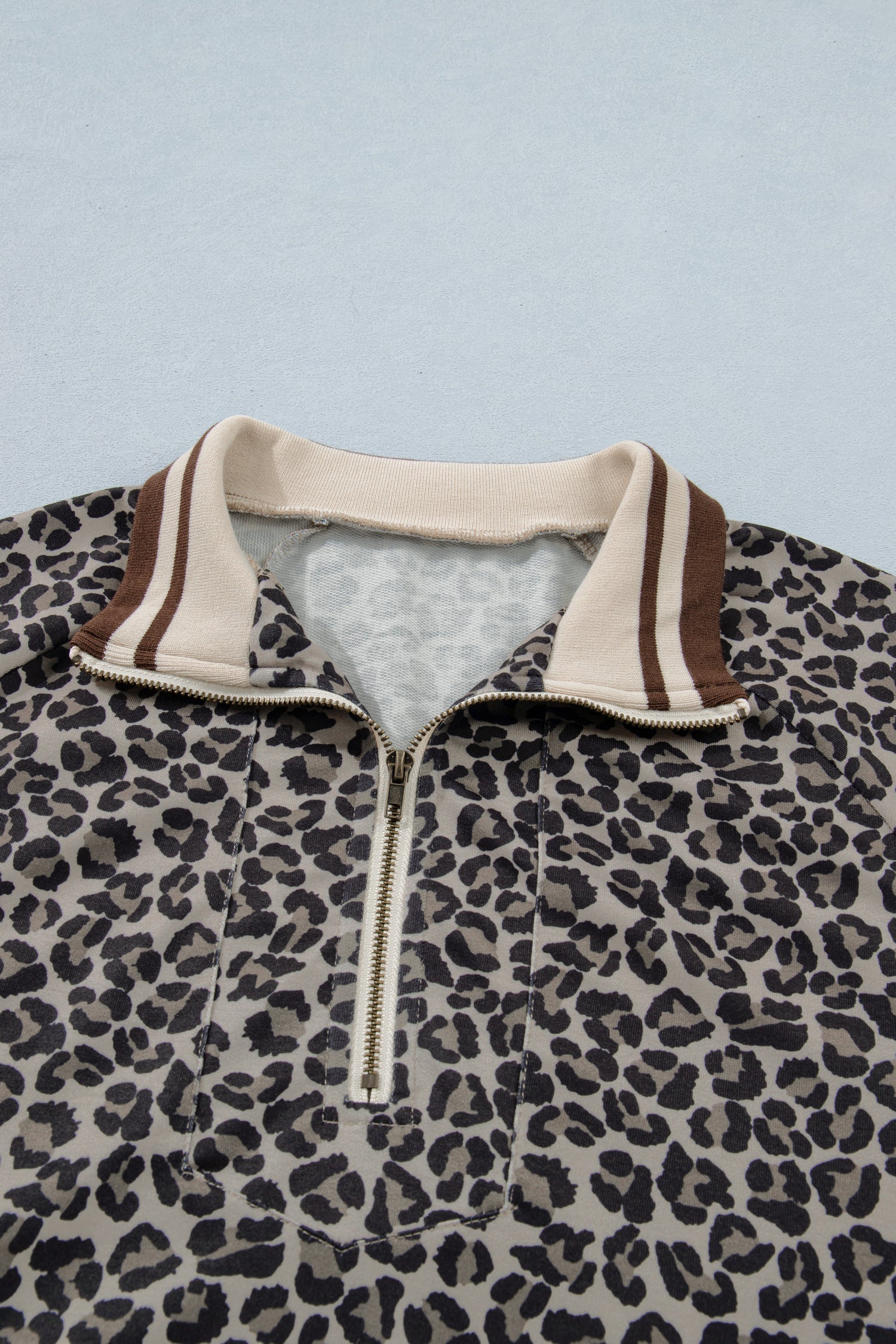 Leopard Half Zip Stripe Trim Short Sleeve Top