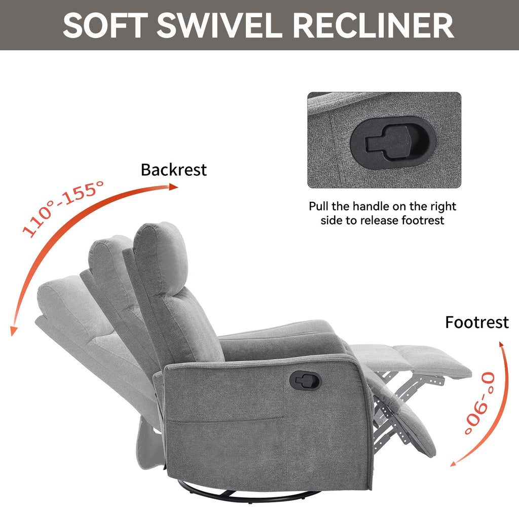 Heat Massage Manual Recliner Chair with Rocker and Swivel in Fabric for Living Room, Grey