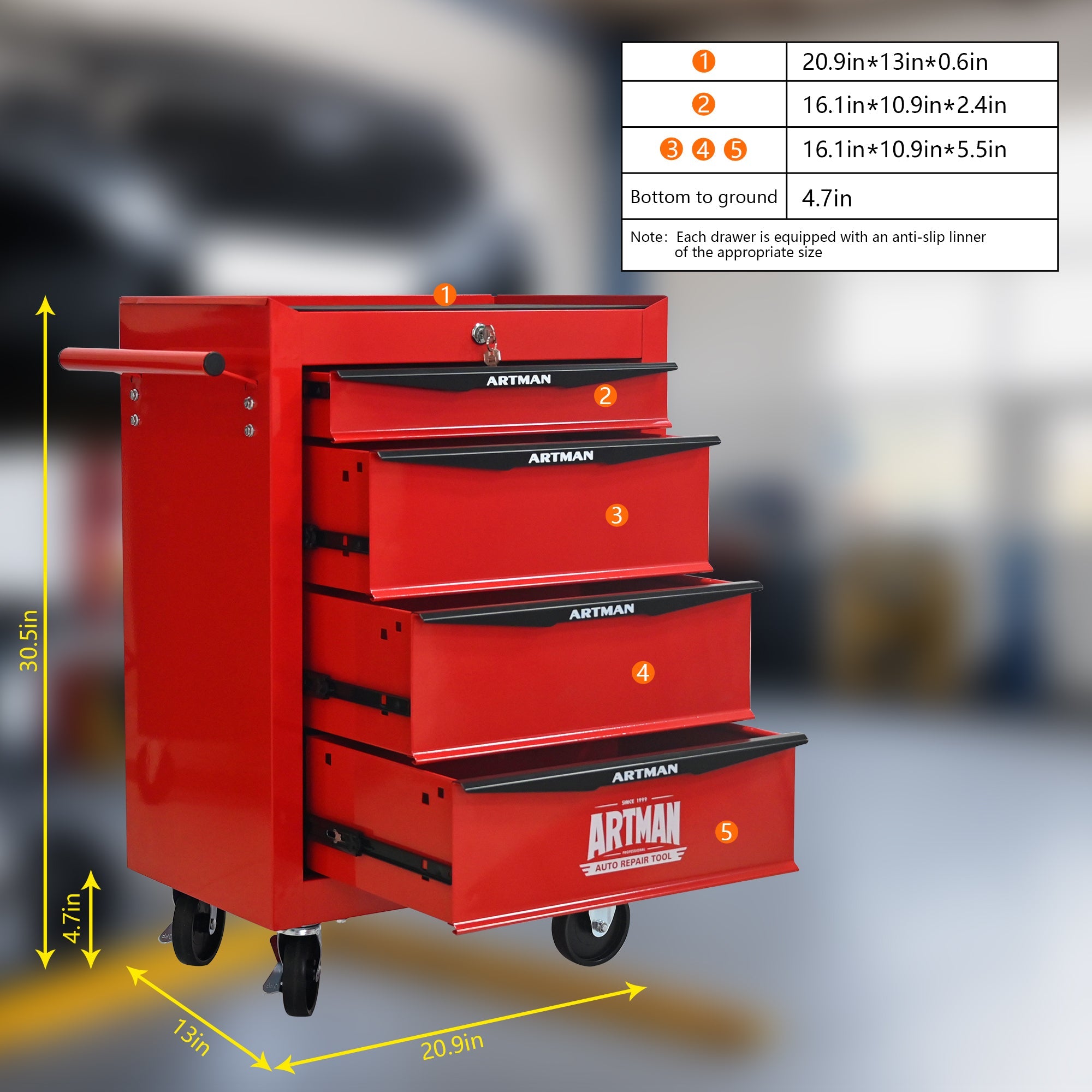 Rolling Metal Tool Chest with 4 Drawers, 20' Steel Storage Cabinet with Ball Bearing Slides, Black and Red Finish