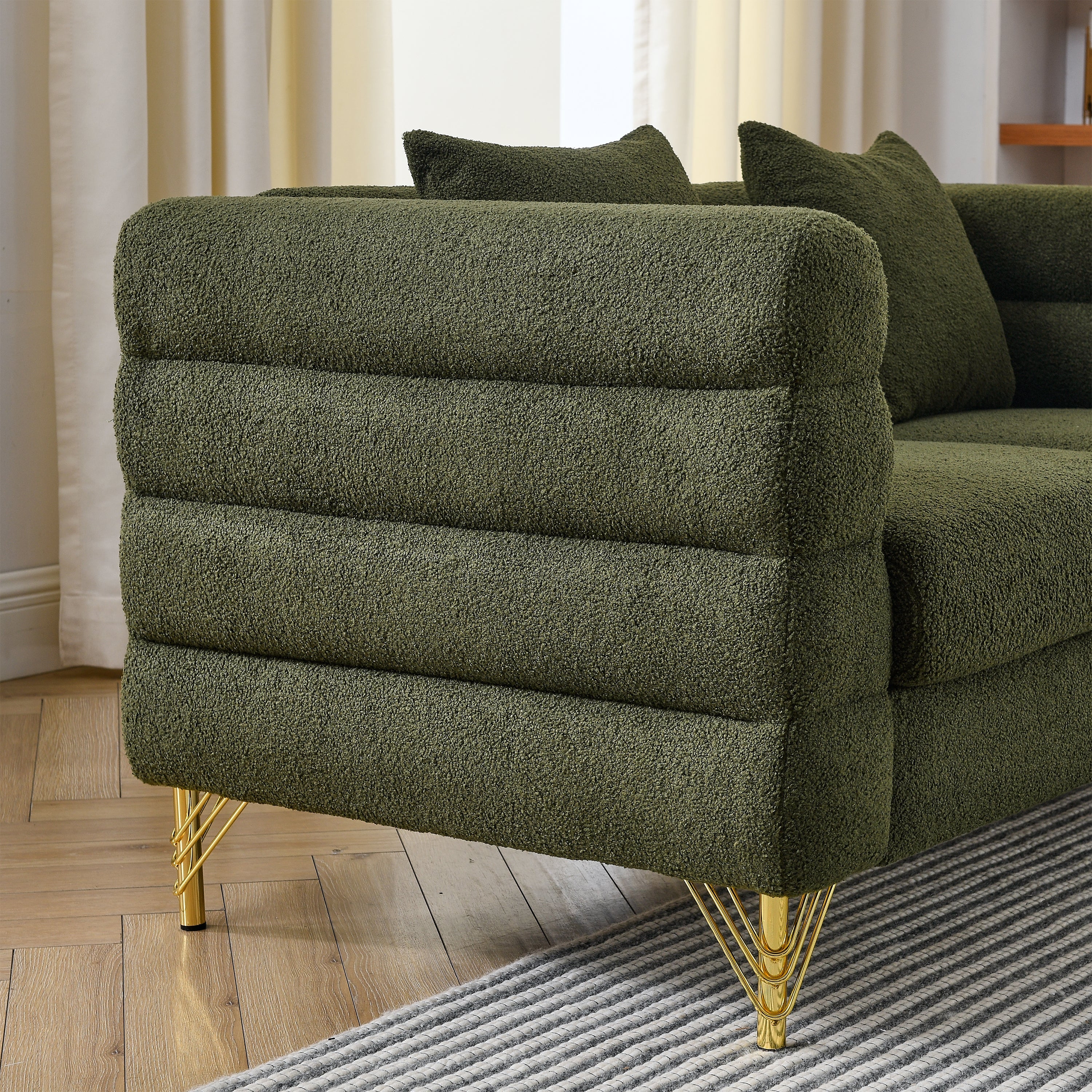 81Inch Oversized 3 Seater Sectional Sofa, Living Room Comfort Fabric Sectional Sofa - Deep Seating Sectional Sofa, Soft Sitting with 3 Pillows for Living Room, Bedroom, Office Green teddy (W834S00033)