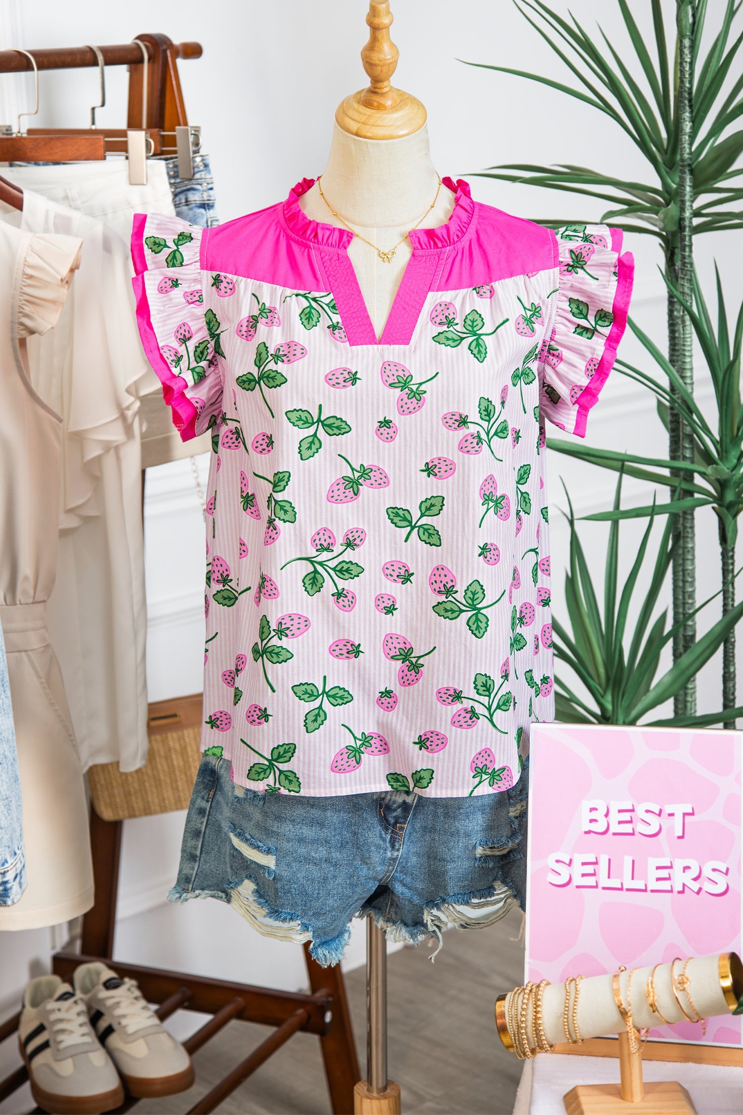 Stripe Strawberry Patchwork Flutter Sleeve V-Neck Blouse