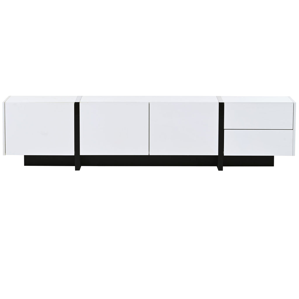[VIDEO provided] ON-TREND White & Black Contemporary Rectangle Design TV Stand, Unique Style TV Console Table for TVs Up to 80'', Modern TV Cabinet with High Gloss UV Surface for Living Room.