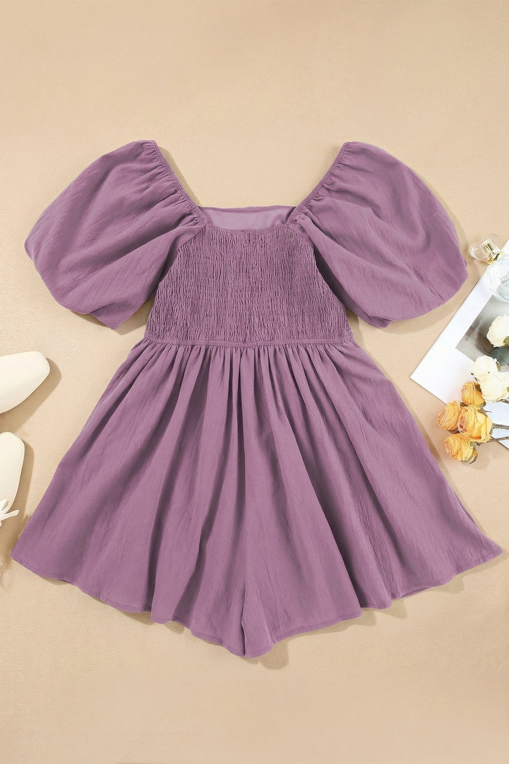 Solid Square Neck Ruched Puff Sleeve Romper