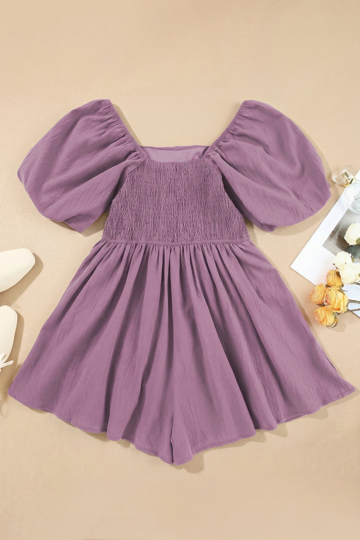 Solid Square Neck Ruched Puff Sleeve Romper