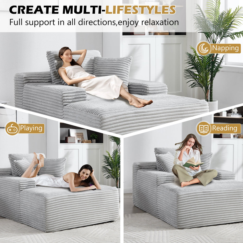 67' Chaise Lounge Chair 9.9'' Wide Armrest Indoor Corduroy Oversized Sleeper Sofa for Living Room Deep Seat Lounge and Three Soft Pillows Convertible Boneless Sofa Bed, Light Grey,No Assembly Required