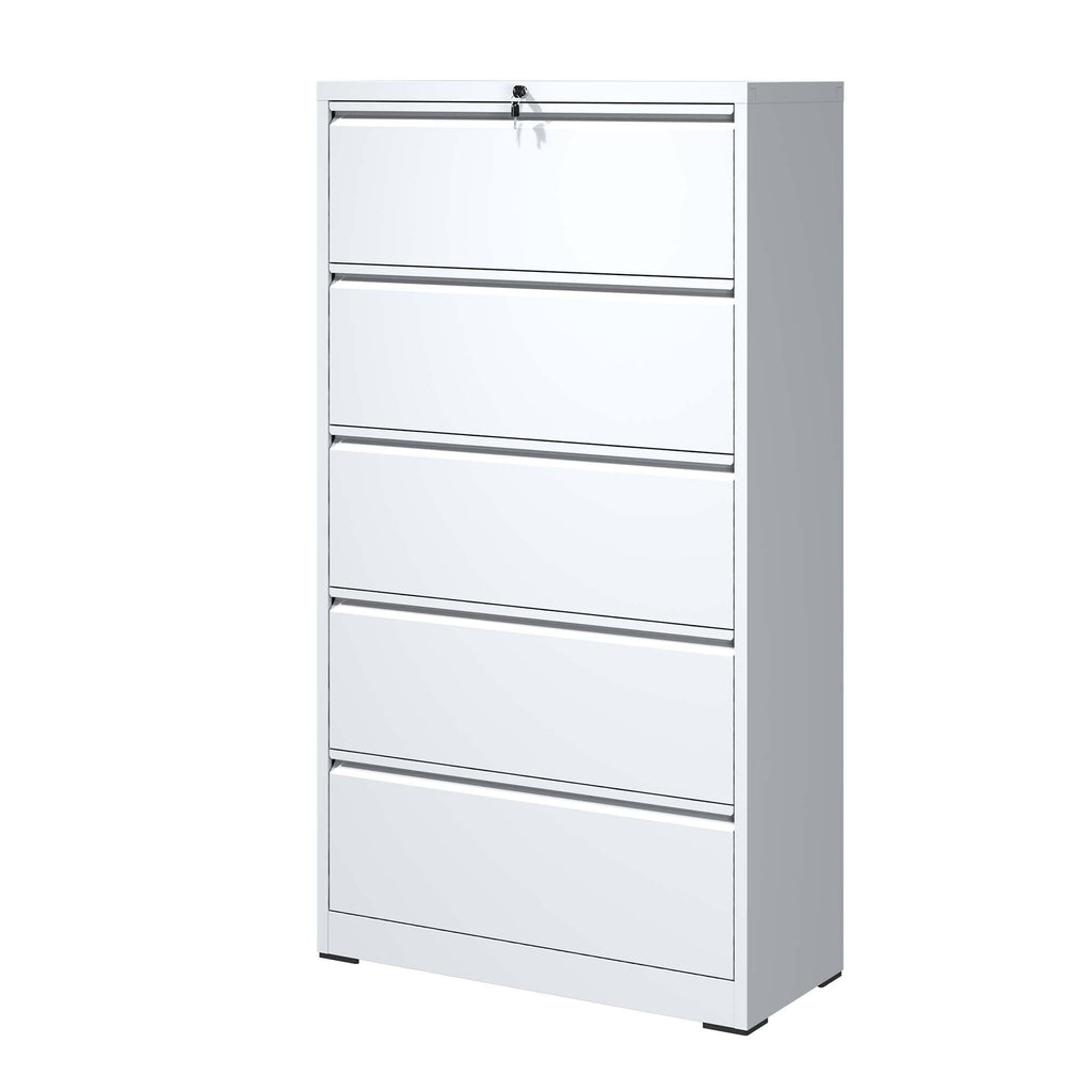 Modern 5-Drawer Steel Lateral File Cabinet with Lock, White Metal Filing Cabinet for Home and Office