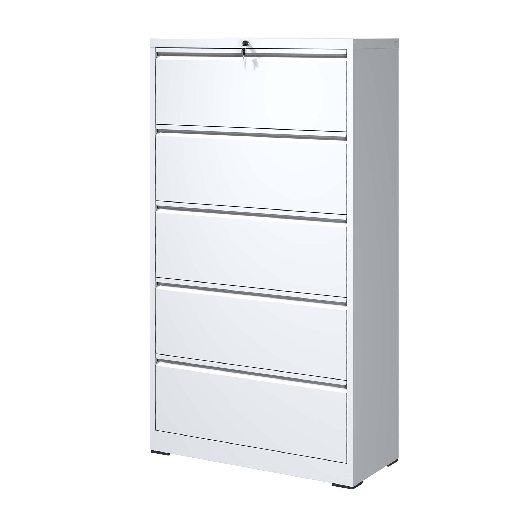 Modern 5-Drawer Steel Lateral File Cabinet with Lock, White Metal Filing Cabinet for Home and Office
