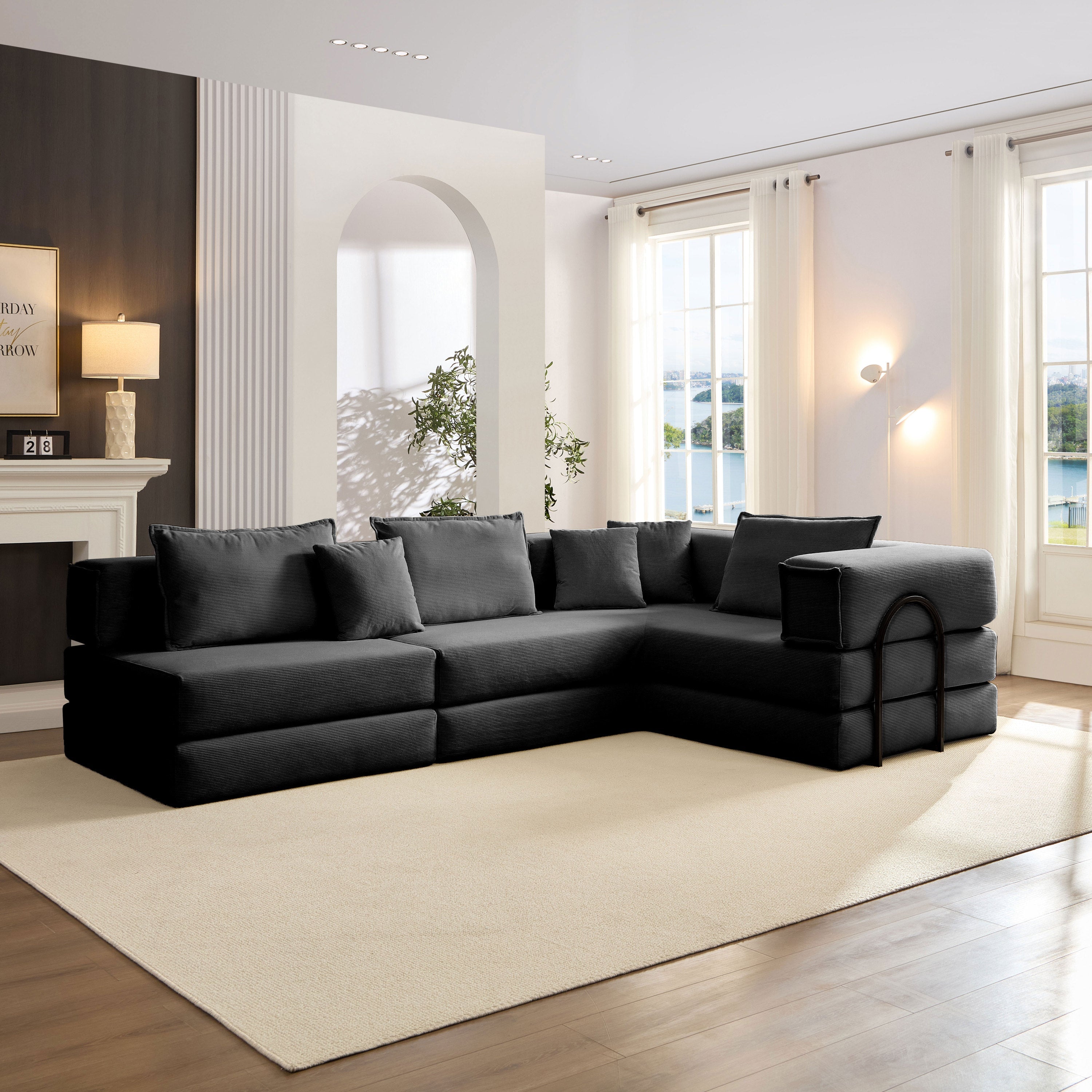 Oversized Upholstered Sectional Sofa Couch Set, Modular 118.2 ' L Shaped Floor Living Room Sofa Set With 6 Pillows, DIY Combination Sofa Couch for living rooms, apartments,bedrooms, Black