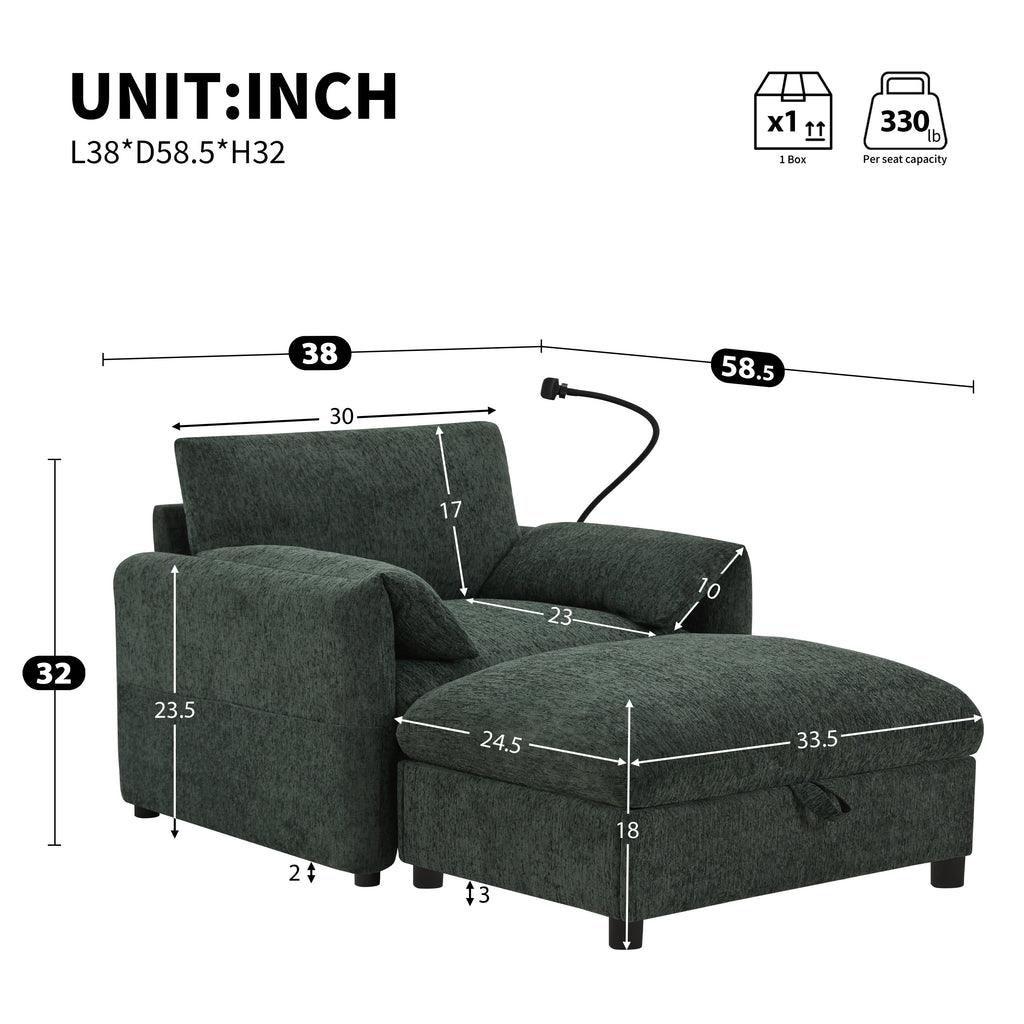 38' Single Sofa with Storage Ottoman, Adjustable Phone Holder, USB Charger, Side Storage Pockets, Pillow-Like Armrests, Wide Seat Chaise Lounge for Living Room&Apartment, Chenille, 4 Colors