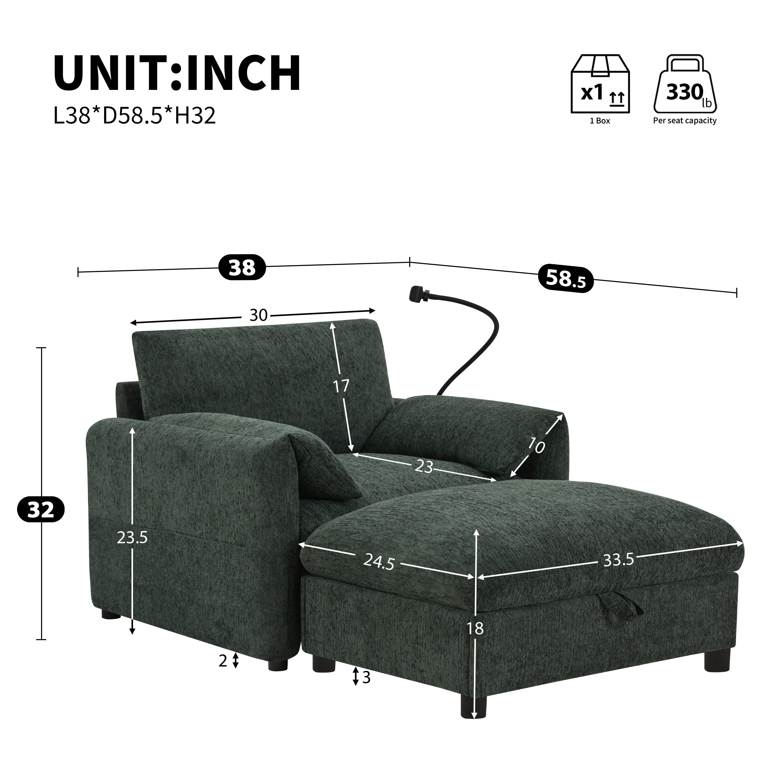 38' Single Sofa with Storage Ottoman, Adjustable Phone Holder, USB Charger, Side Storage Pockets, Pillow-Like Armrests, Wide Seat Chaise Lounge for Living Room&Apartment, Chenille, 4 Colors