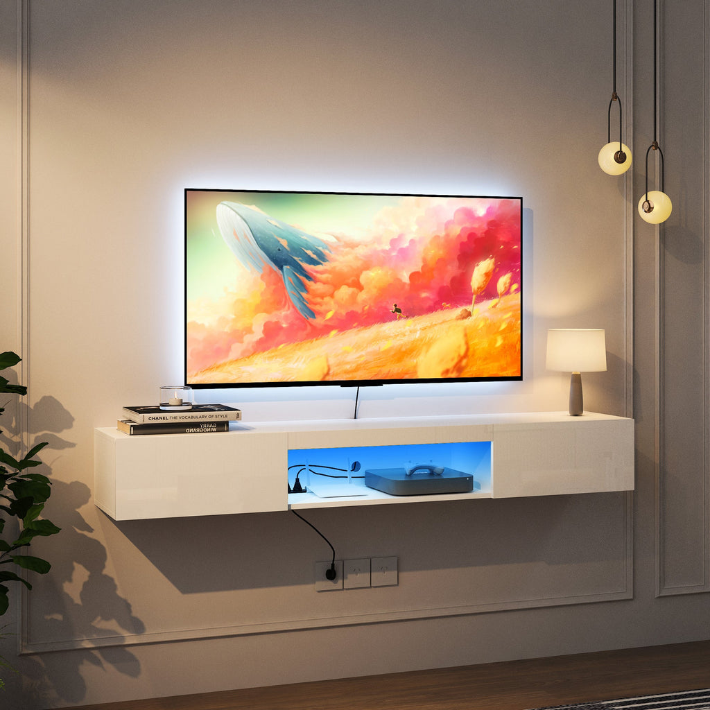 Floating TV Stand Wall Mounted with 16 Color LEDs,63' Modern TV Stand,Floating TV Cabinet Entertainment Center for 55 60 65 Inch TV,White