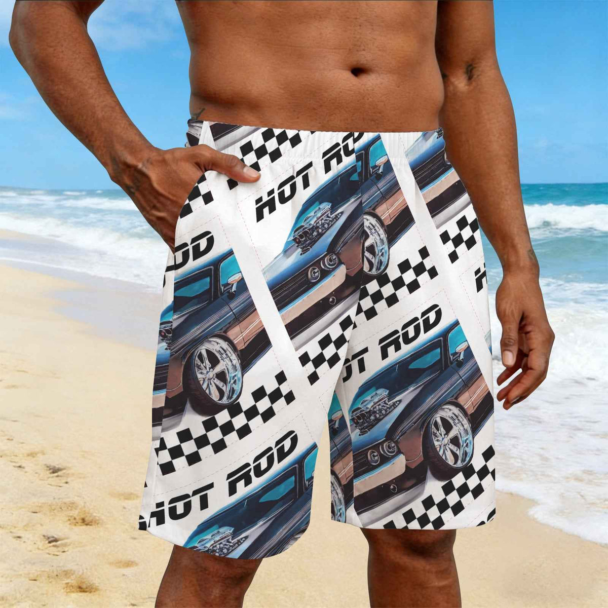 Hot Rod Muscle Car Men's All Over Print Elastic Beach Shorts