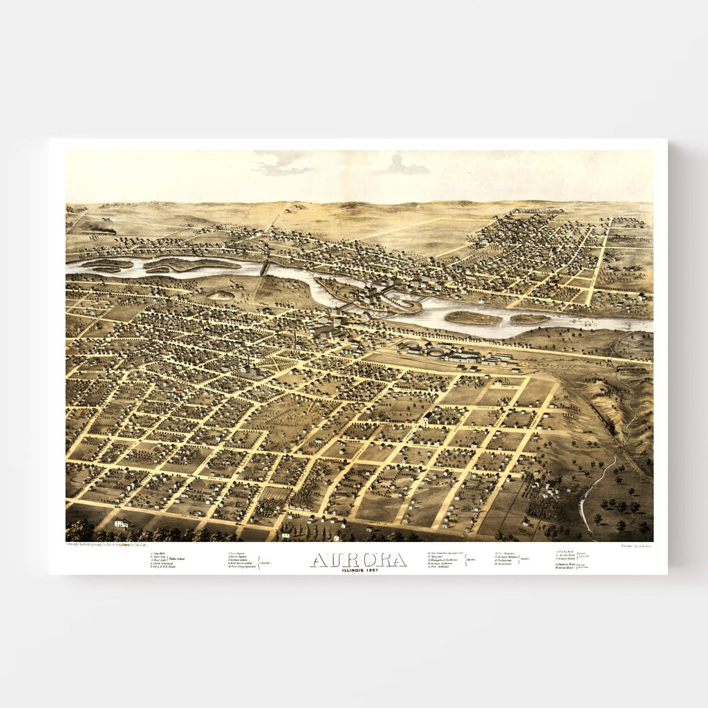 Vintage Map of Aurora, Illinois 1867