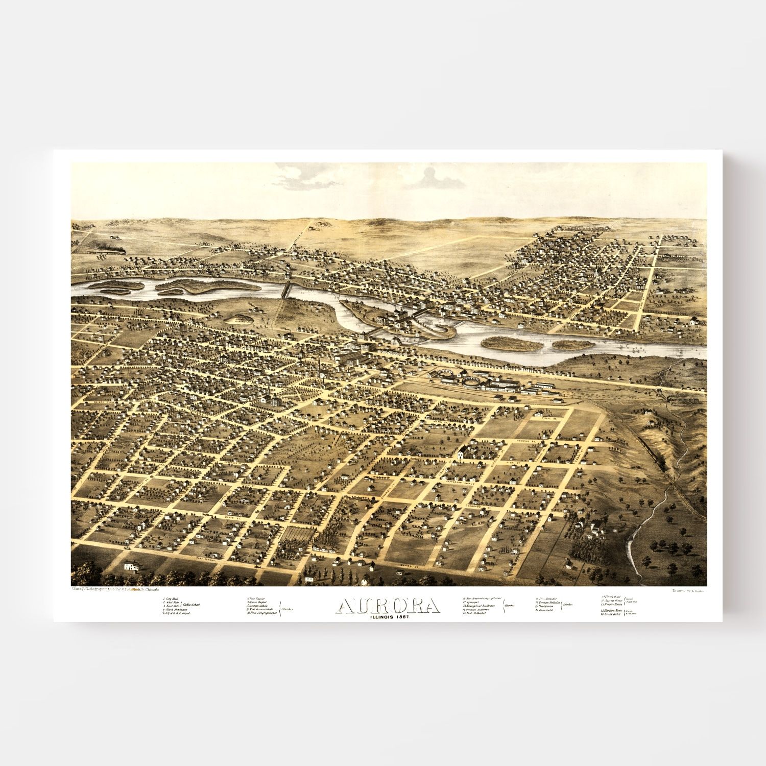 Vintage Map of Aurora, Illinois 1867