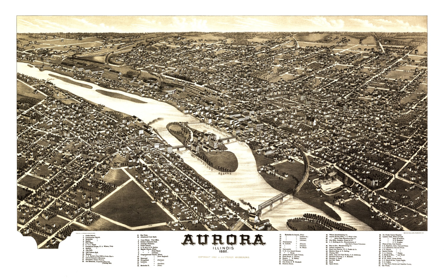 Vintage Map of Aurora, Illinois 1882