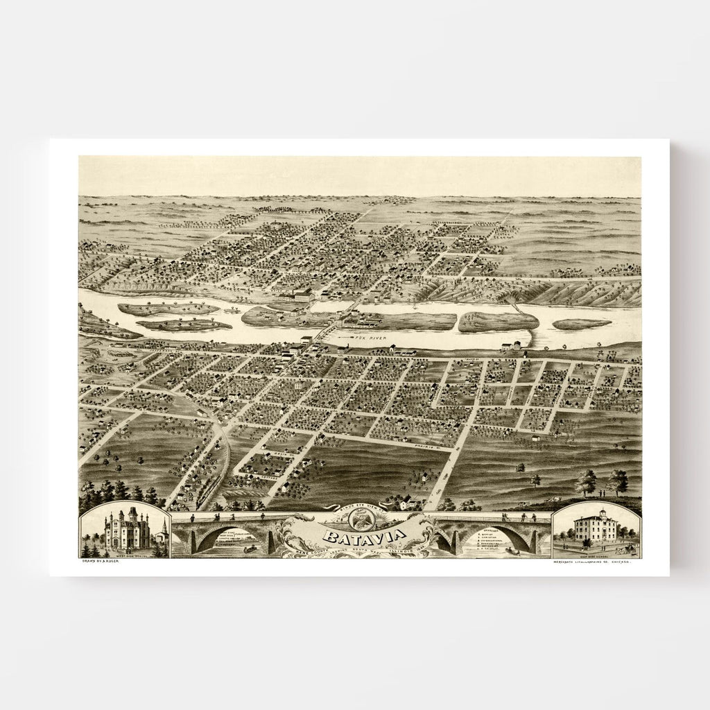 Vintage Map of Batavia, Illinois 1869