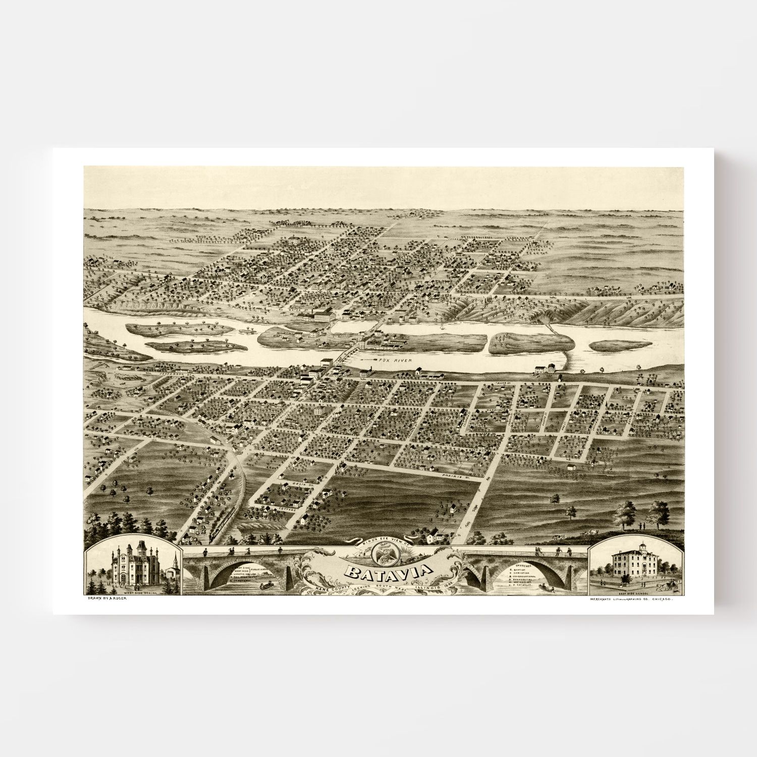 Vintage Map of Batavia, Illinois 1869