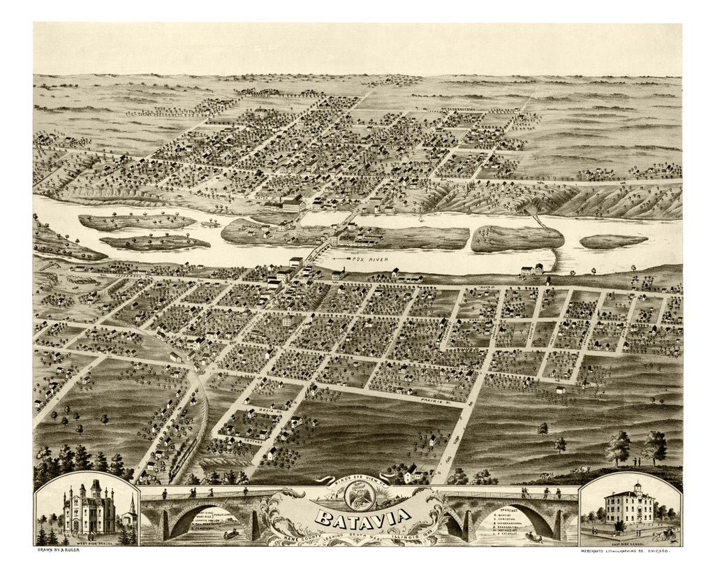 Vintage Map of Batavia, Illinois 1869