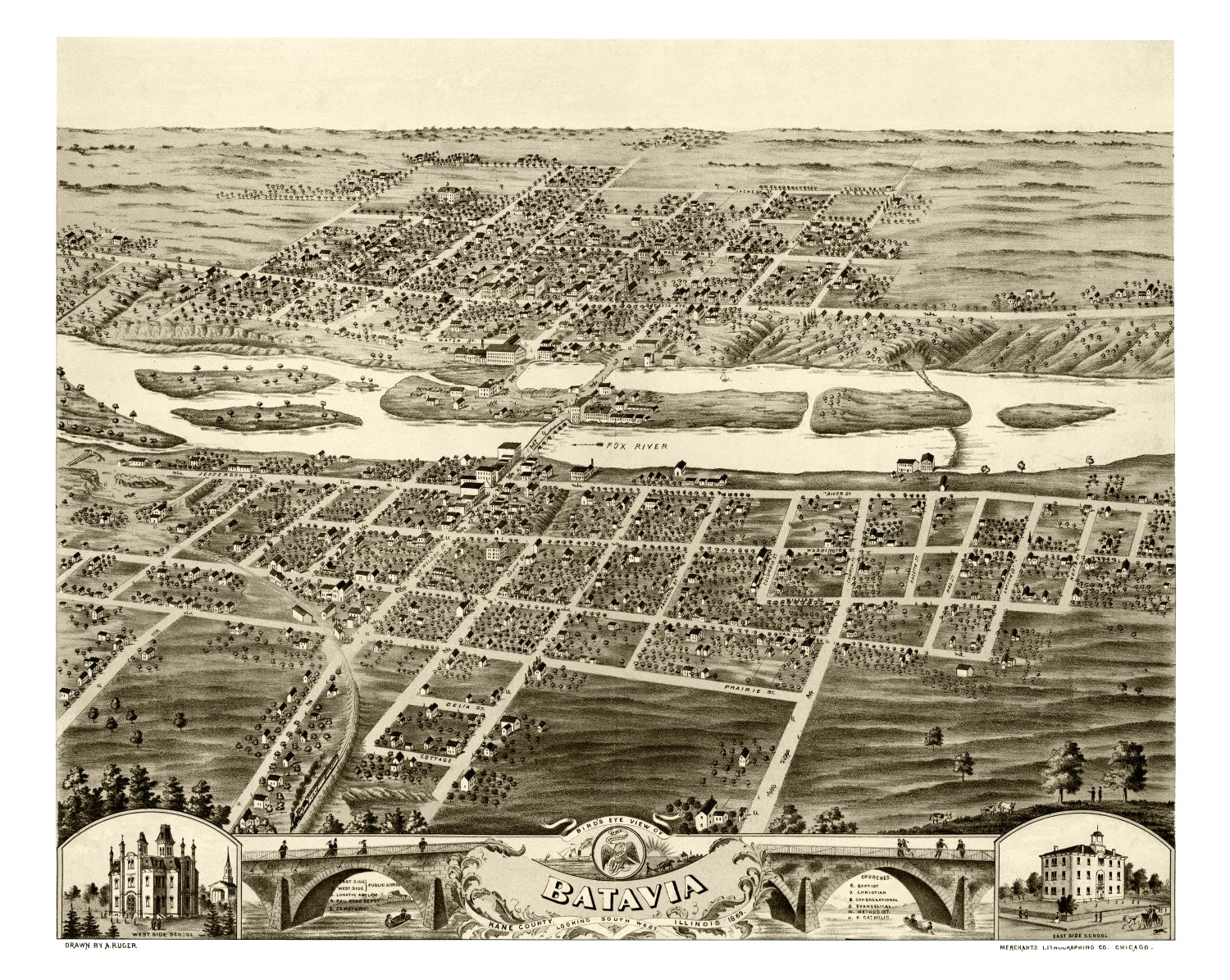 Vintage Map of Batavia, Illinois 1869