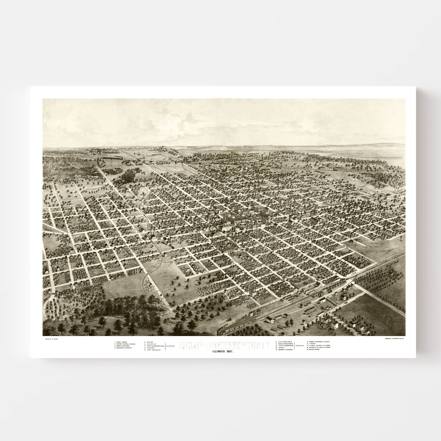 Vintage Map of Bloomington, Illinois 1867